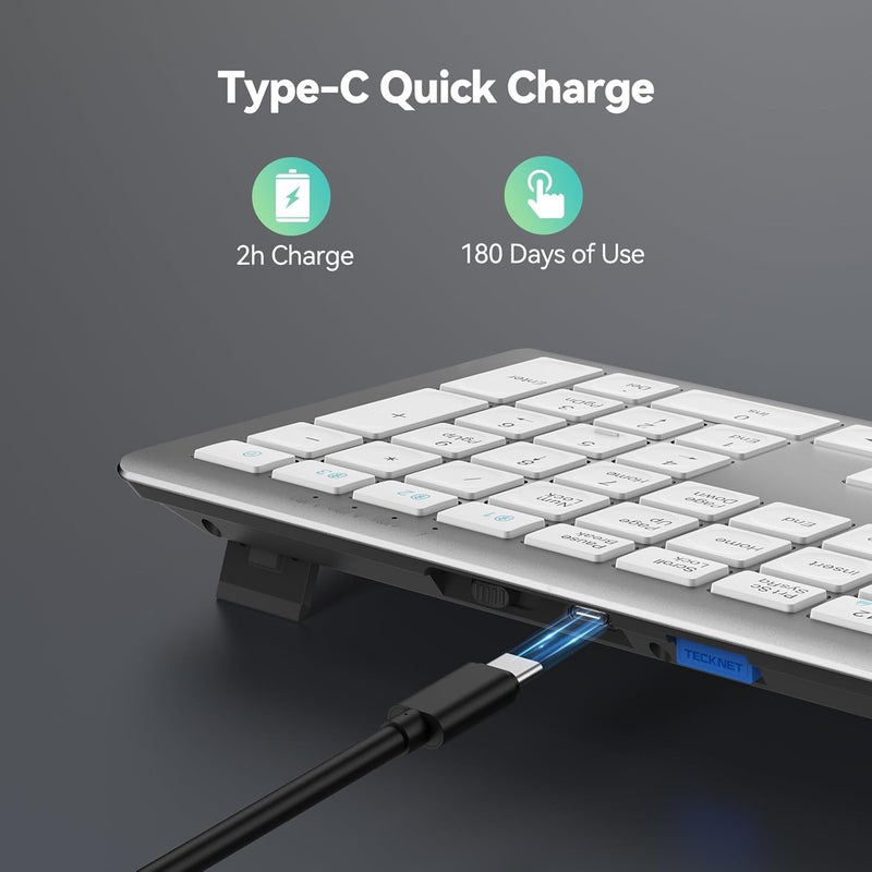 TECKNET Bluetooth Keyboard Rechargeable, 4-Device Free Switching (2.4G+BT), Ultra-Slim Full Size Wireless Keyboard, Quiet Typing, for PC/Laptop/Smart TV/Phone, Adjustable Stand, 12 Multimedia Keys - Image 3